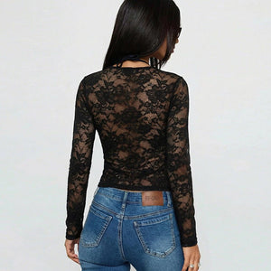 Noir Ethereal | Slim V - Neck Lace Long Sleeve Top - Negative Apparel