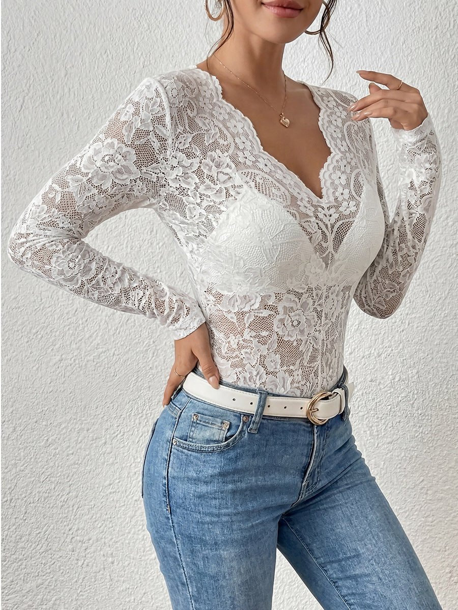 Noir Ethereal | Slim V - Neck Lace Long Sleeve Top - Negative Apparel