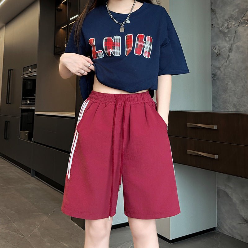 Nylon quick - drying sports shorts women's summer thin high - waisted casual wide - leg medium pants, thin outer striped five - point pants - Negative Apparel