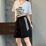 Nylon quick - drying sports shorts women's summer thin high - waisted casual wide - leg medium pants, thin outer striped five - point pants - Negative Apparel