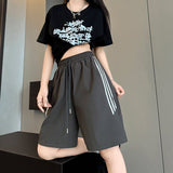 Nylon quick - drying sports shorts women's summer thin high - waisted casual wide - leg medium pants, thin outer striped five - point pants - Negative Apparel