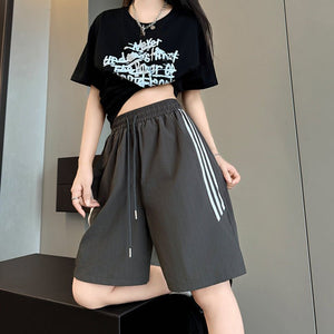 Nylon quick - drying sports shorts women's summer thin high - waisted casual wide - leg medium pants, thin outer striped five - point pants - Negative Apparel
