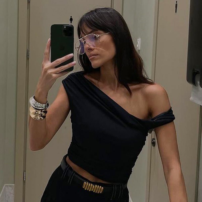 Oblique collar off - shoulder twist design pleated slim fit T-shirt - Negative Apparel