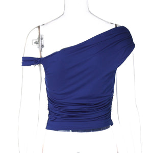 Oblique collar off - shoulder twist design pleated slim fit T-shirt - Negative Apparel