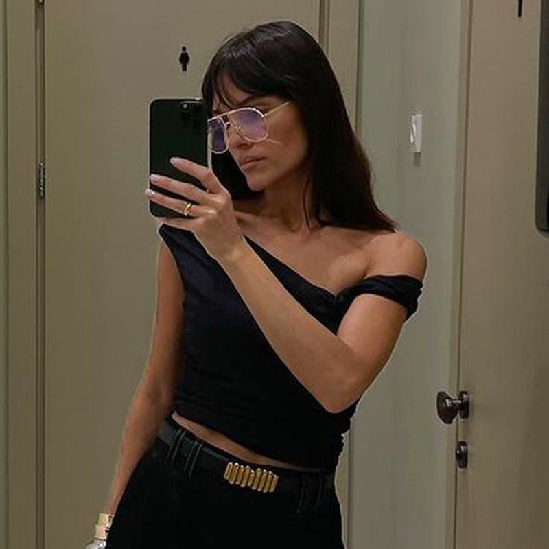Oblique collar off - shoulder twist design pleated slim fit T-shirt - Negative Apparel
