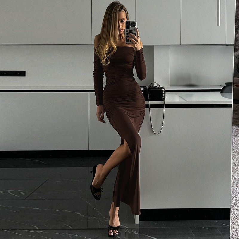 Off - shoulder one - shoulder sexy tight pleated side slit dress - Negative Apparel