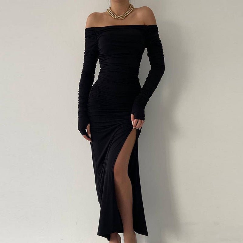 Off - shoulder one - shoulder sexy tight pleated side slit dress - Negative Apparel