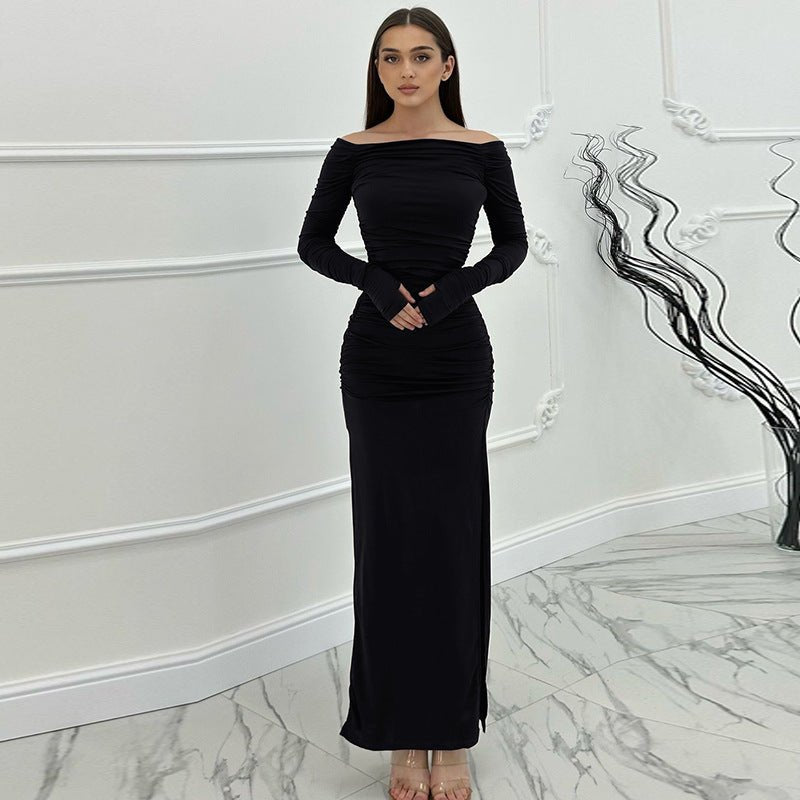 Off - shoulder one - shoulder sexy tight pleated side slit dress - Negative Apparel
