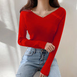 Off - shoulder solid color slim - fitting inner V - neck one - word shoulder knitted sweater autumn and winter sweater women's bottom long - sleeved top - Negative Apparel