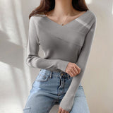 Off - shoulder solid color slim - fitting inner V - neck one - word shoulder knitted sweater autumn and winter sweater women's bottom long - sleeved top - Negative Apparel