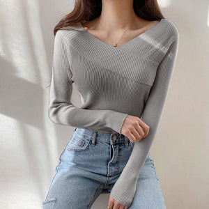 Off - shoulder solid color slim - fitting inner V - neck one - word shoulder knitted sweater autumn and winter sweater women's bottom long - sleeved top - Negative Apparel