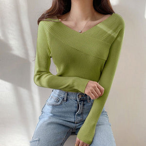 Off - shoulder solid color slim - fitting inner V - neck one - word shoulder knitted sweater autumn and winter sweater women's bottom long - sleeved top - Negative Apparel