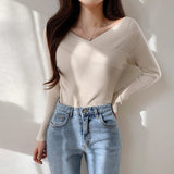 Off - shoulder solid color slim - fitting inner V - neck one - word shoulder knitted sweater autumn and winter sweater women's bottom long - sleeved top - Negative Apparel