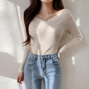 Off - shoulder solid color slim - fitting inner V - neck one - word shoulder knitted sweater autumn and winter sweater women's bottom long - sleeved top - Negative Apparel