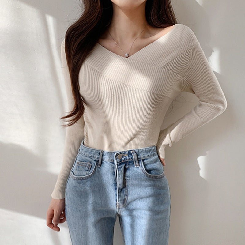 Off - shoulder solid color slim - fitting inner V - neck one - word shoulder knitted sweater autumn and winter sweater women's bottom long - sleeved top - Negative Apparel
