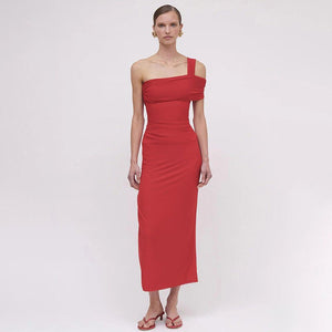 One - shoulder backless pleated slit irregular dress - Negative Apparel