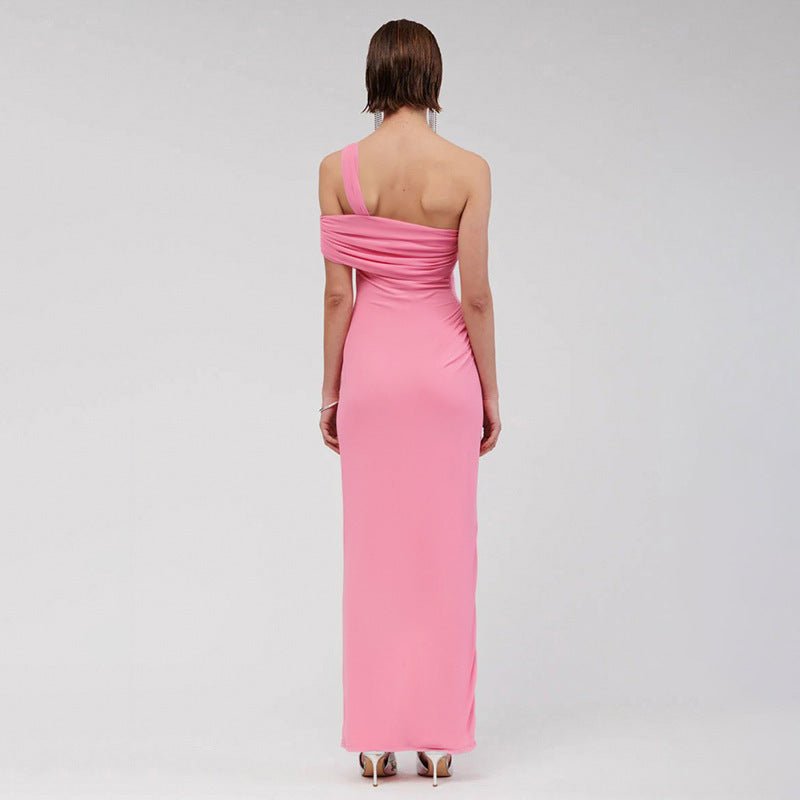 One - shoulder backless pleated slit irregular dress - Negative Apparel