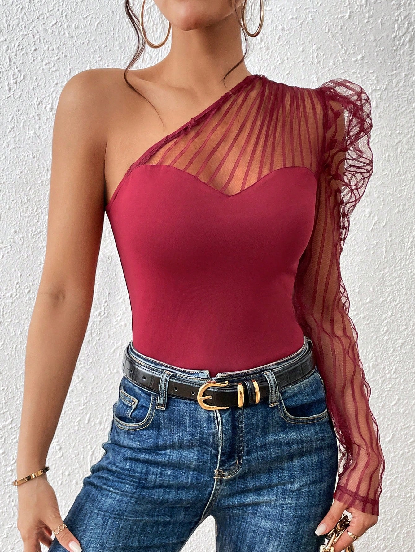 One Shoulder Contrast Mesh Top - Negative Apparel