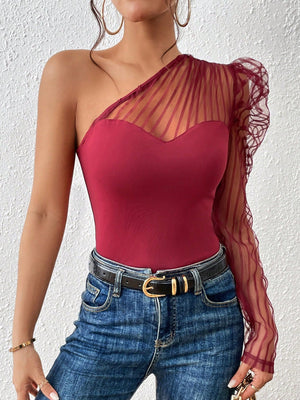 One Shoulder Contrast Mesh Top - Negative Apparel