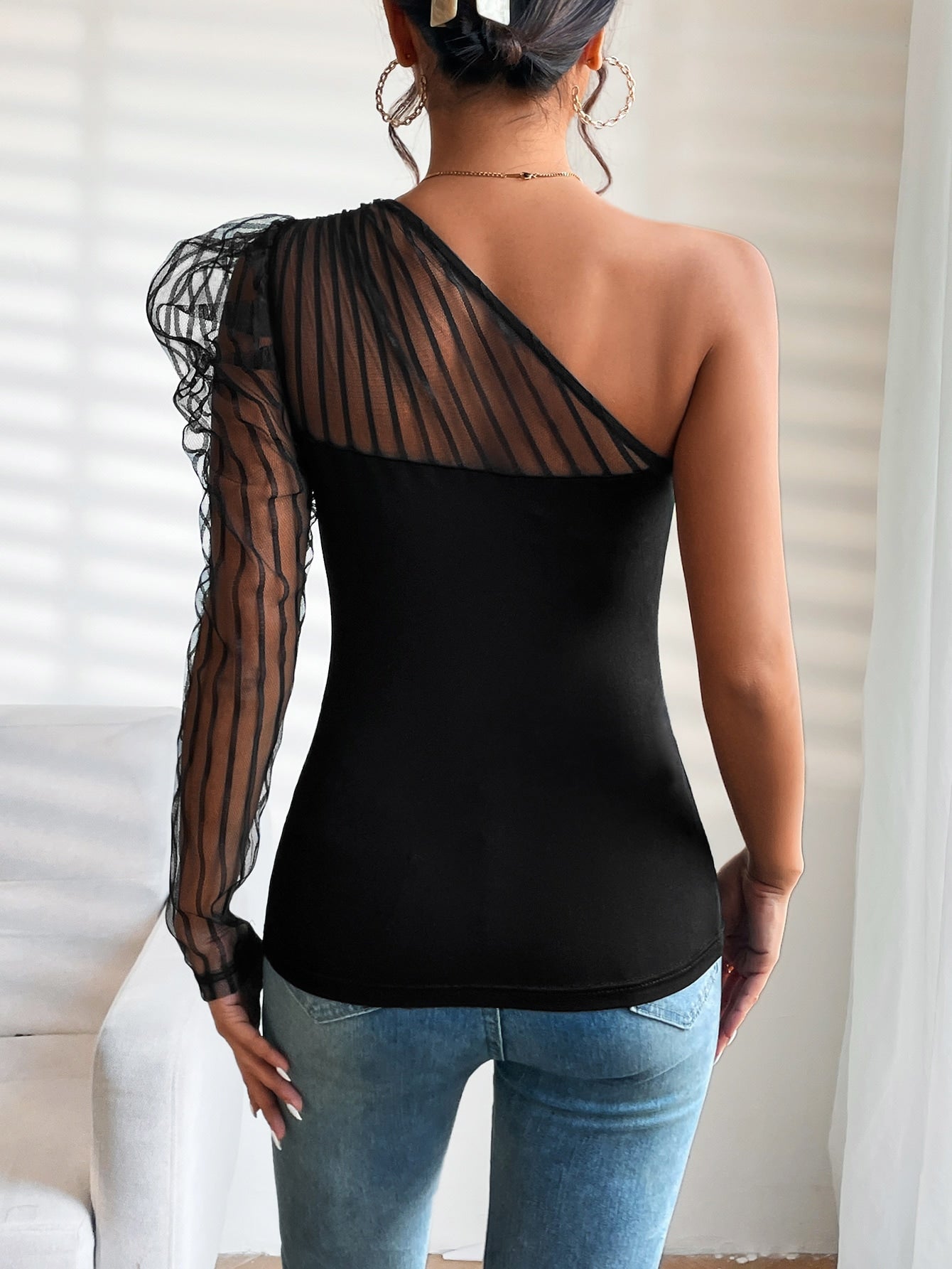 One Shoulder Contrast Mesh Top - Negative Apparel
