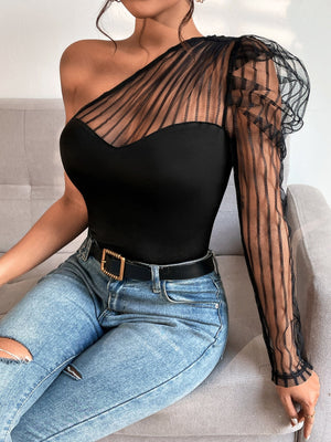 One Shoulder Contrast Mesh Top - Negative Apparel