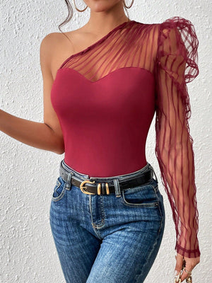One Shoulder Contrast Mesh Top - Negative Apparel