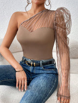 One Shoulder Contrast Mesh Top - Negative Apparel