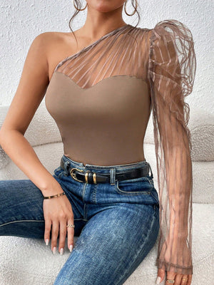 One Shoulder Contrast Mesh Top - Negative Apparel