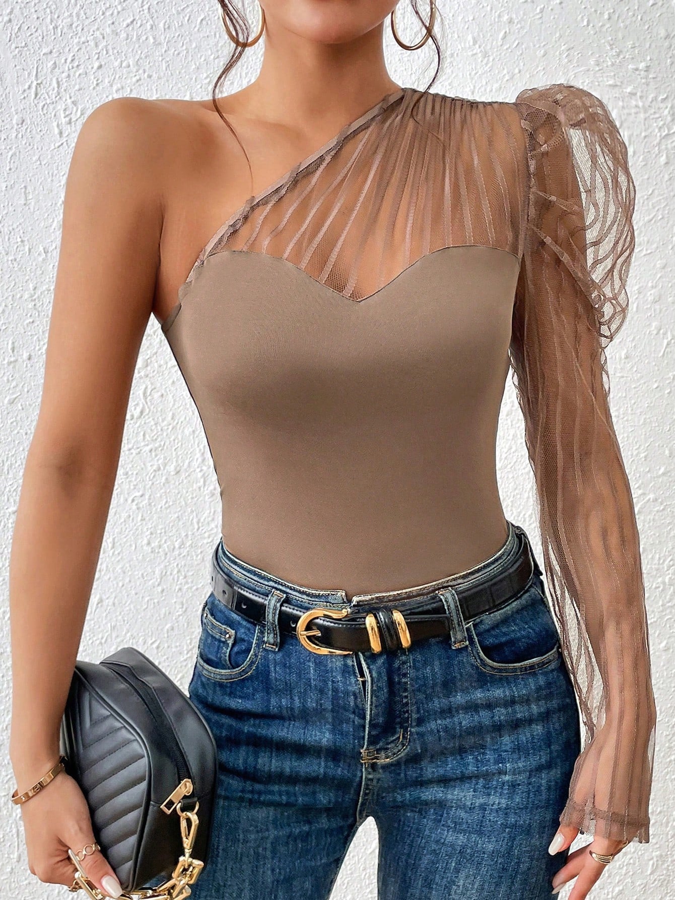 One Shoulder Contrast Mesh Top - Negative Apparel