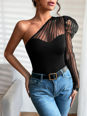 One Shoulder Contrast Mesh Top - Negative Apparel