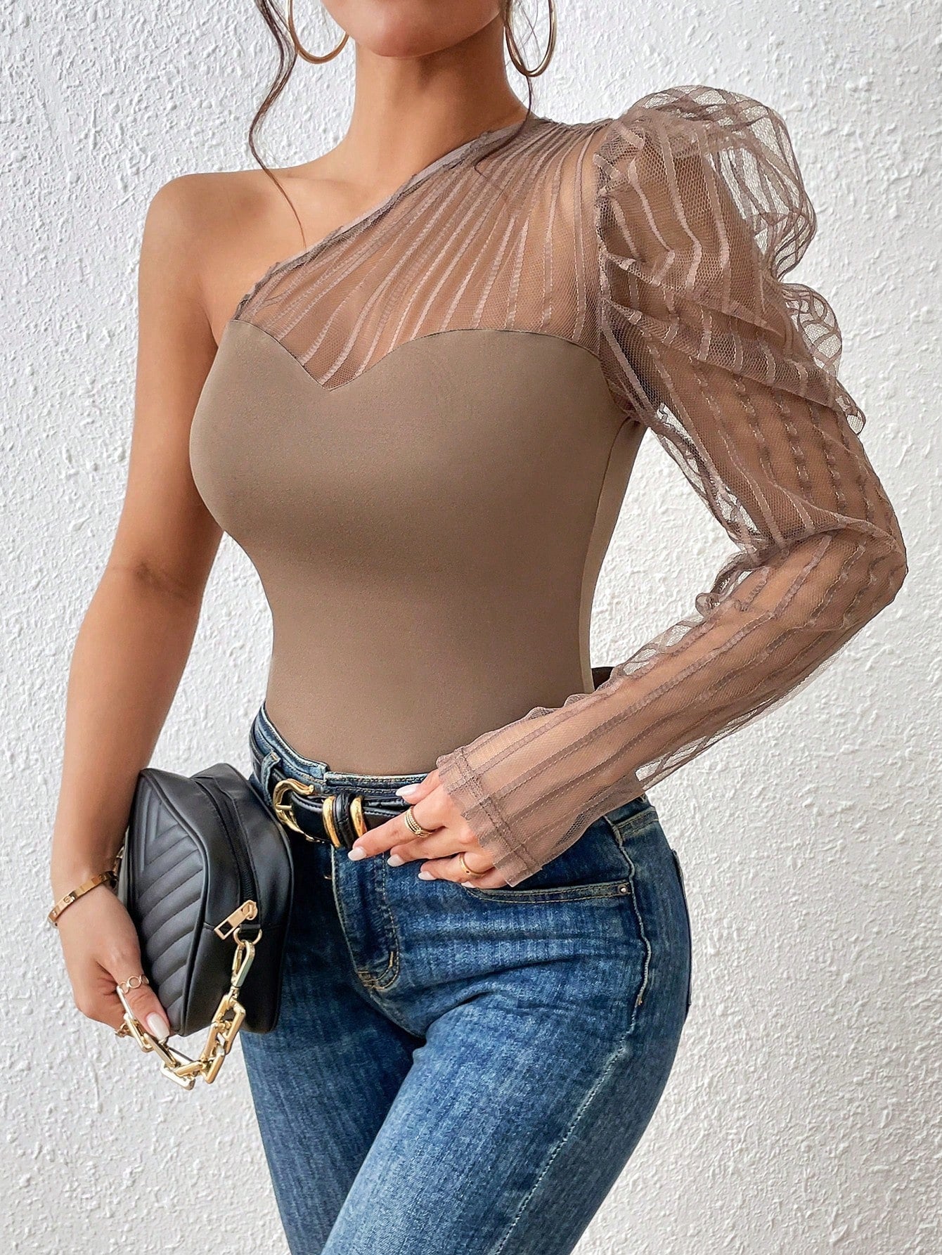 One Shoulder Contrast Mesh Top - Negative Apparel