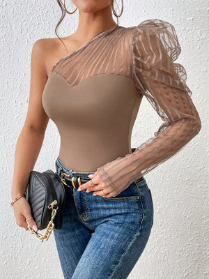 One Shoulder Contrast Mesh Top - Negative Apparel