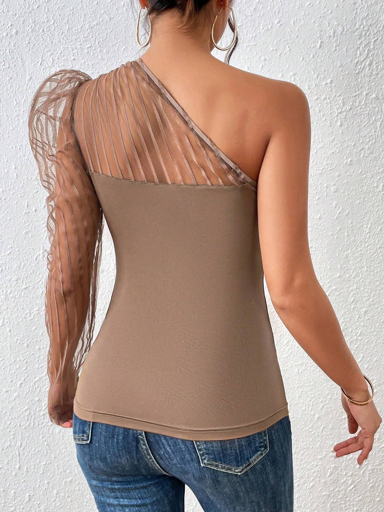 One Shoulder Contrast Mesh Top - Negative Apparel
