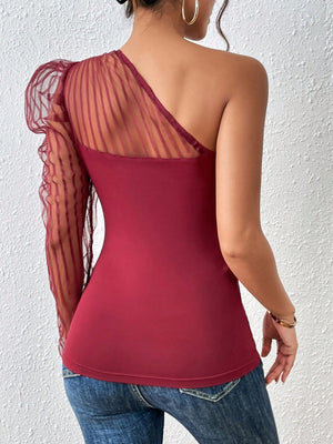 One Shoulder Contrast Mesh Top - Negative Apparel