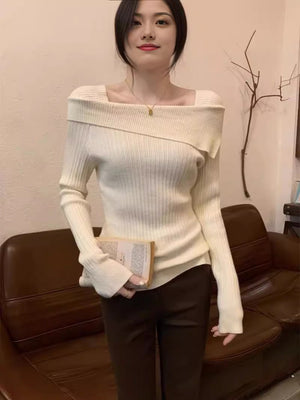 One - shoulder knitted sweater irregular French style shoulder long sleeve top - Negative Apparel