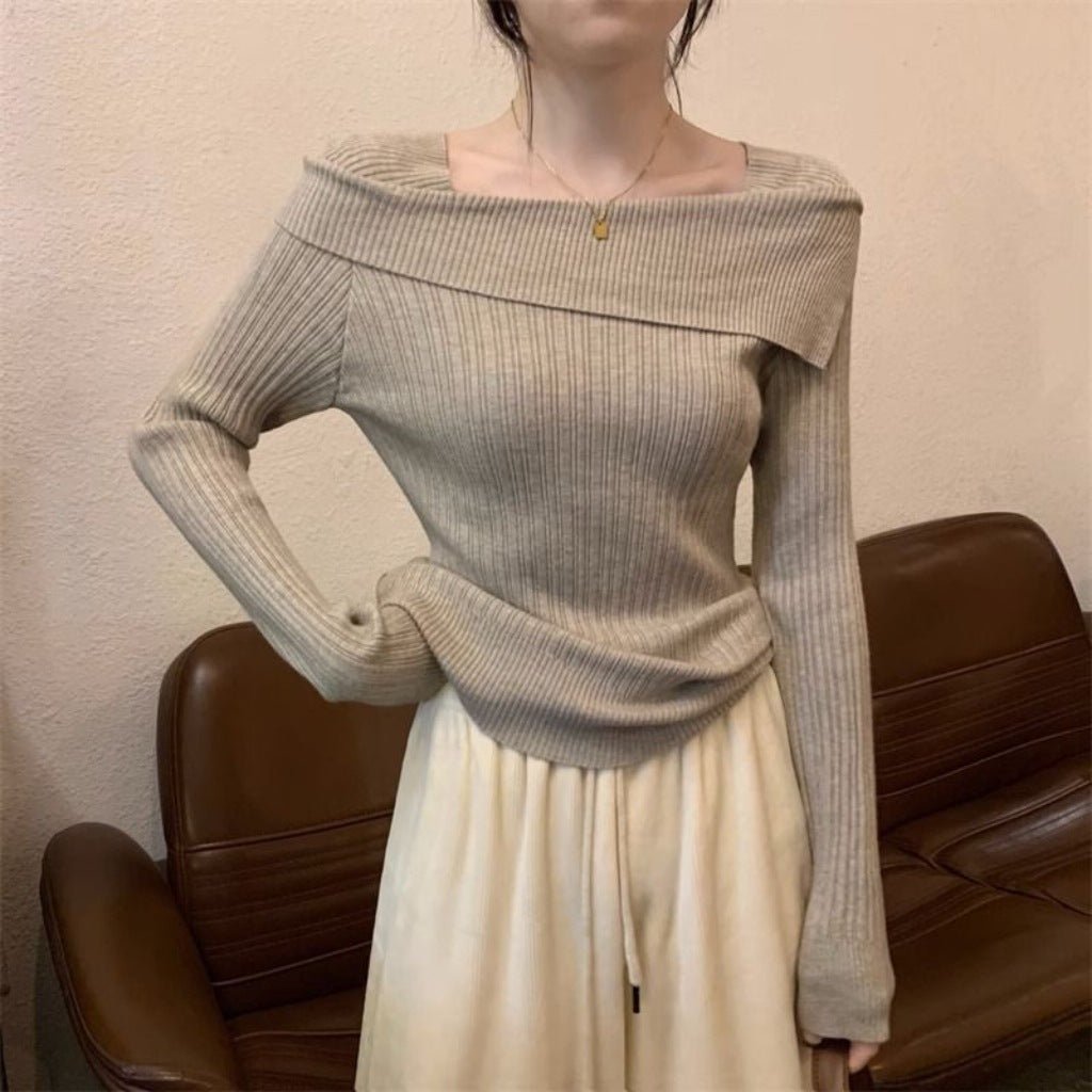 One - shoulder knitted sweater irregular French style shoulder long sleeve top - Negative Apparel