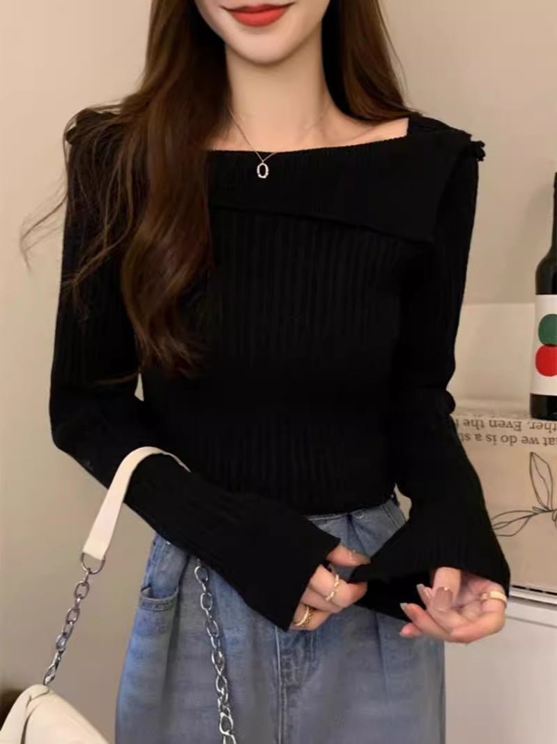 One - shoulder knitted sweater irregular French style shoulder long sleeve top - Negative Apparel