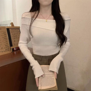 One - shoulder knitted sweater irregular French style shoulder long sleeve top - Negative Apparel