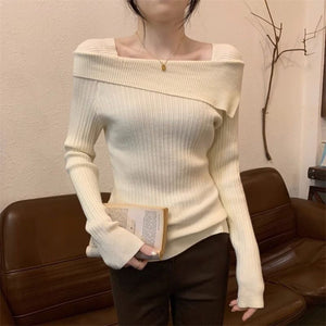 One - shoulder knitted sweater irregular French style shoulder long sleeve top - Negative Apparel