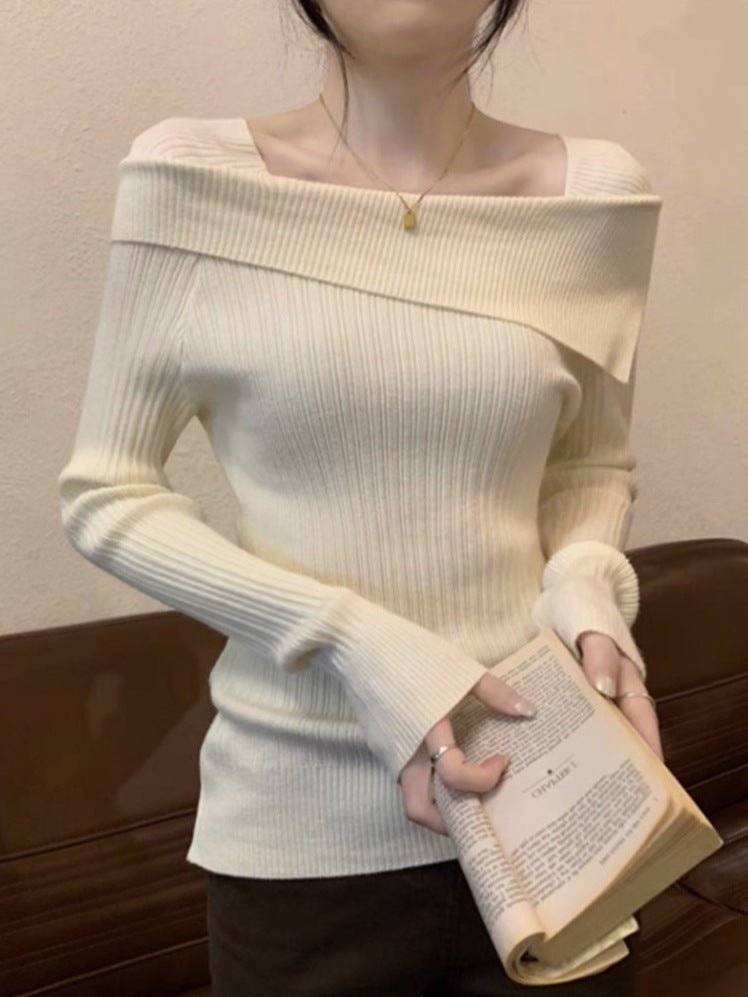 One - shoulder knitted sweater irregular French style shoulder long sleeve top - Negative Apparel