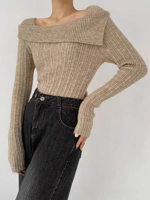 One - shoulder knitted sweater irregular French style shoulder long sleeve top - Negative Apparel