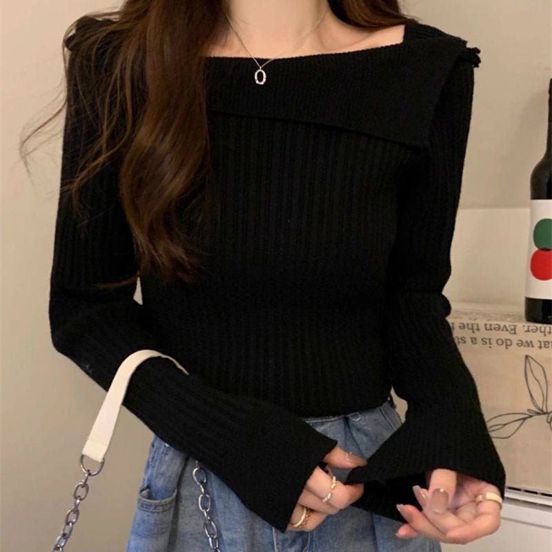 One - shoulder knitted sweater irregular French style shoulder long sleeve top - Negative Apparel