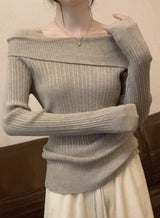 One - shoulder knitted sweater irregular French style shoulder long sleeve top - Negative Apparel