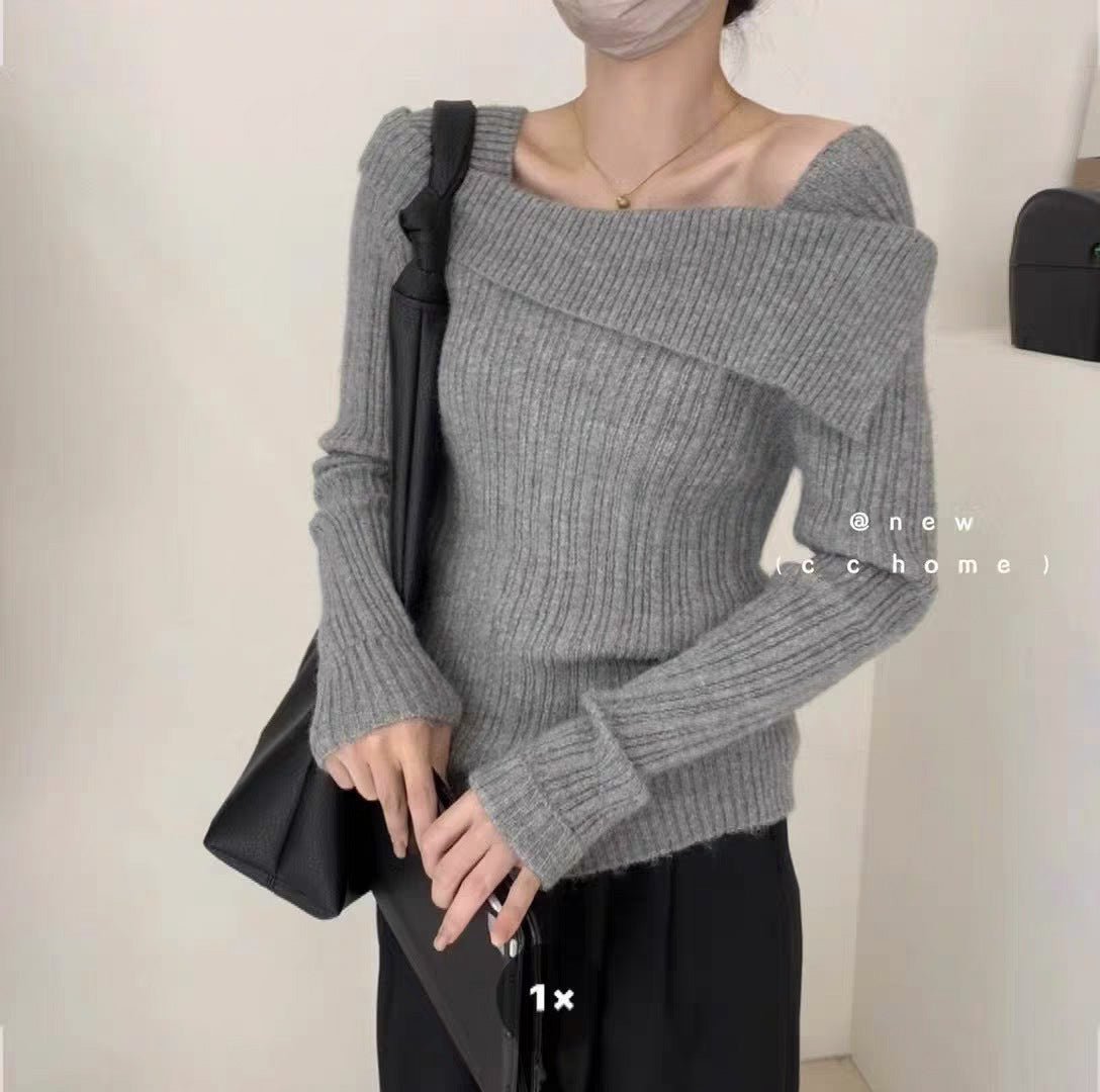 One - shoulder knitted sweater irregular French style shoulder long sleeve top - Negative Apparel