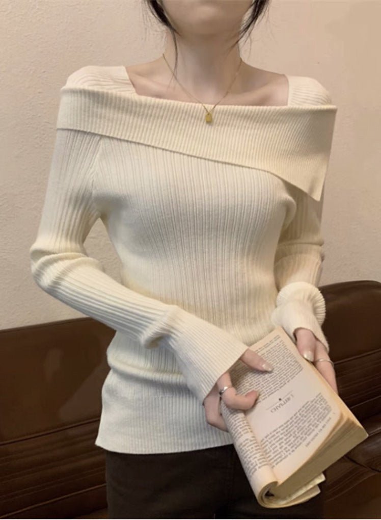 One - shoulder knitted sweater irregular French style shoulder long sleeve top - Negative Apparel