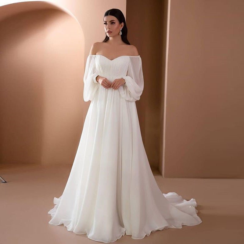 One - shoulder wedding party long - sleeved dress solid color chiffon long dress - Negative Apparel