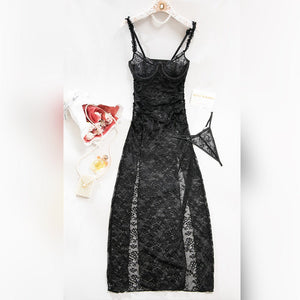 Onyx Noir | Lace Perspective High - Split Mesh Maxi Dress - Negative Apparel