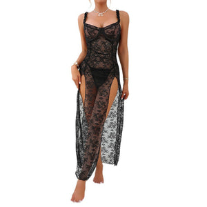 Onyx Noir | Lace Perspective High - Split Mesh Maxi Dress - Negative Apparel