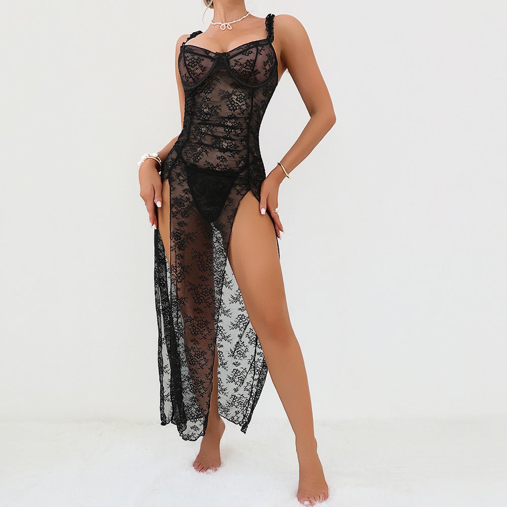 Onyx Noir | Lace Perspective High - Split Mesh Maxi Dress - Negative Apparel