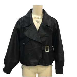 Oversized PU Leather Jacket – Women’s Faux Leather Lapel Coat | Lace - Up Socialite Style Streetwear - Negative Apparel